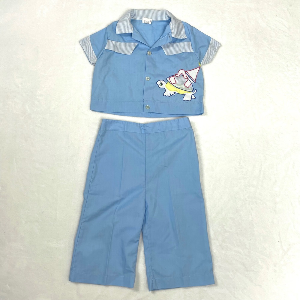 Vintage 2-Piece Set Boys 12M Blue Good Turtle Sailboard Seersucker Trim